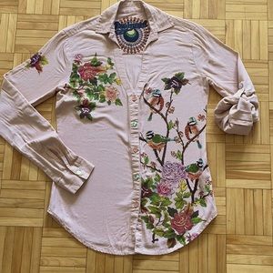 Button front beaded blouse pink